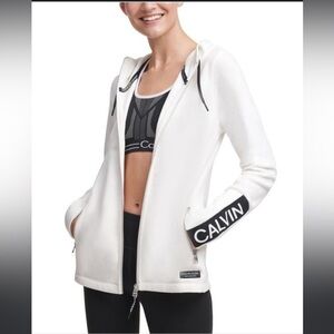 Calvin Klein performance fleece zip front sweatshirt in white and black. Size S